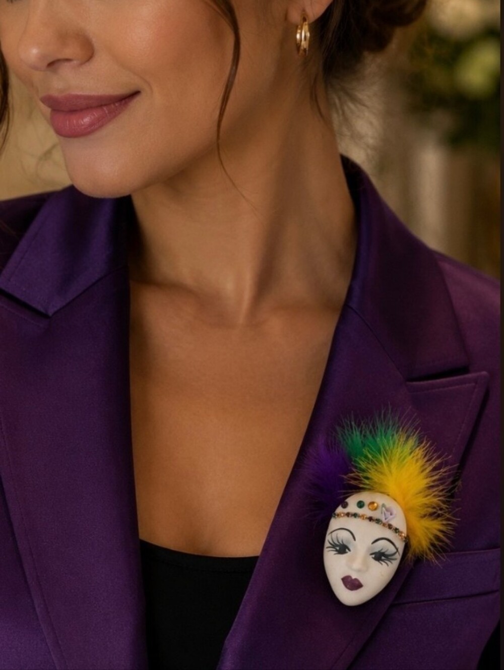 Decorative Feathered Mask Brooch - Purple, Green & Yellow